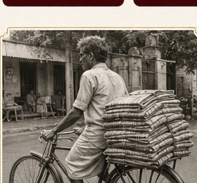 40 ஆண்டுகளுக்கு முன் சைக்கிளில் துணிகள் விற்பனை செய்த காலத்தை நினைவூட்டும் படம்